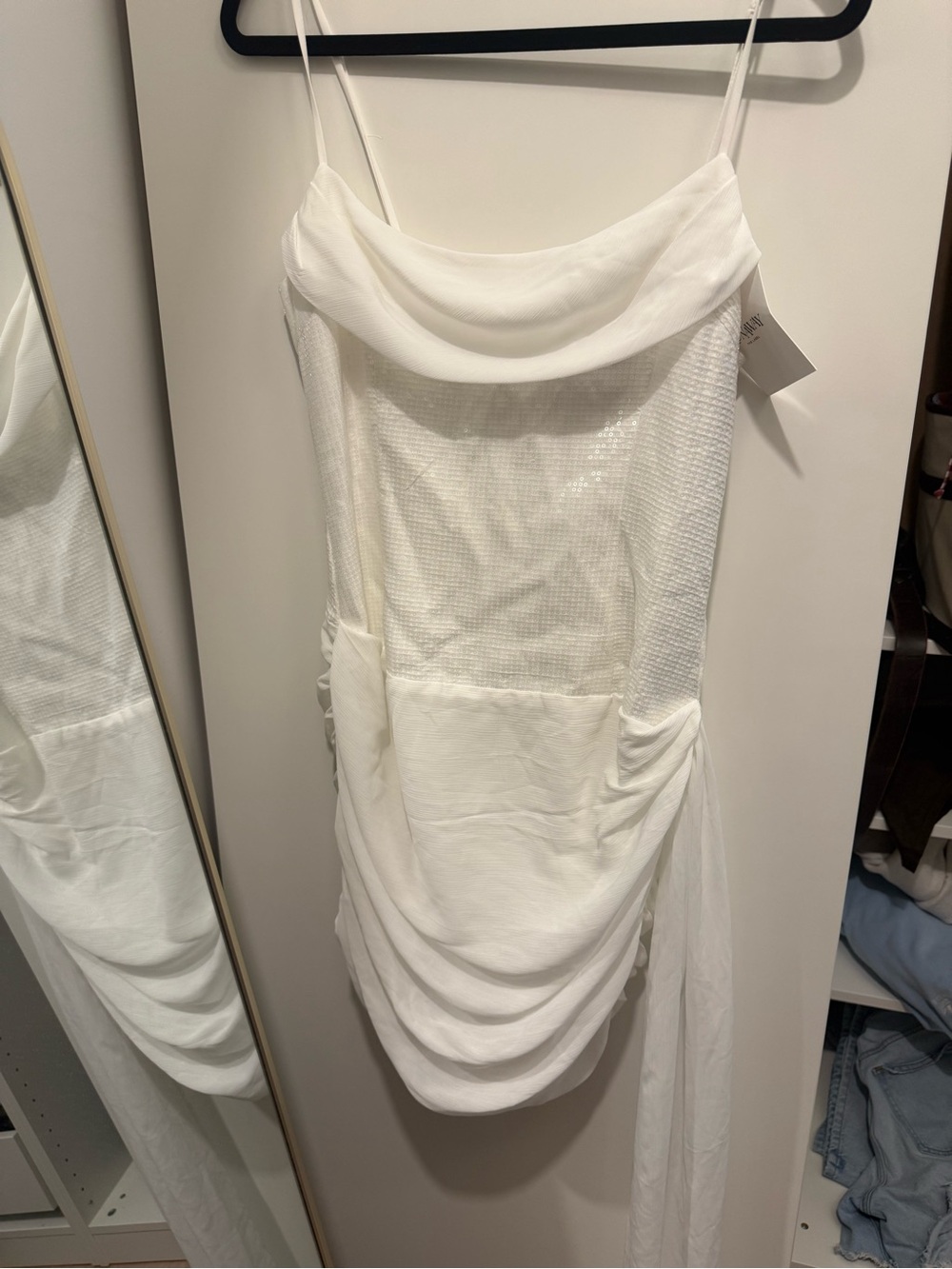 Satin Cowl Neck White Mini Dress with Draped Skirt